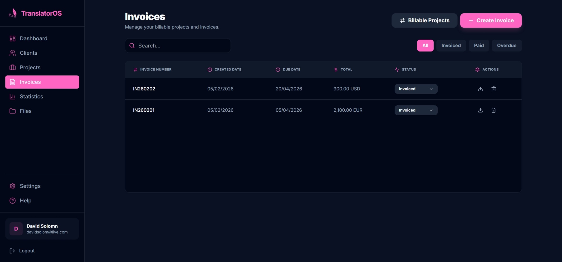 Invoices interface preview